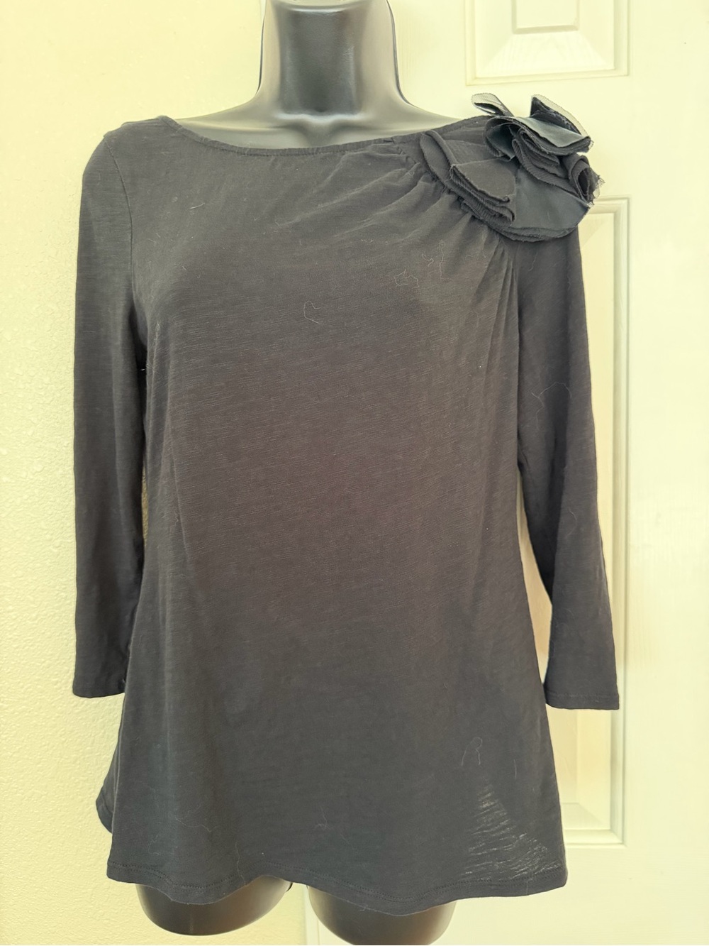 Garnet Hill Black Long-Sleeve Top with Shoulder Rosette